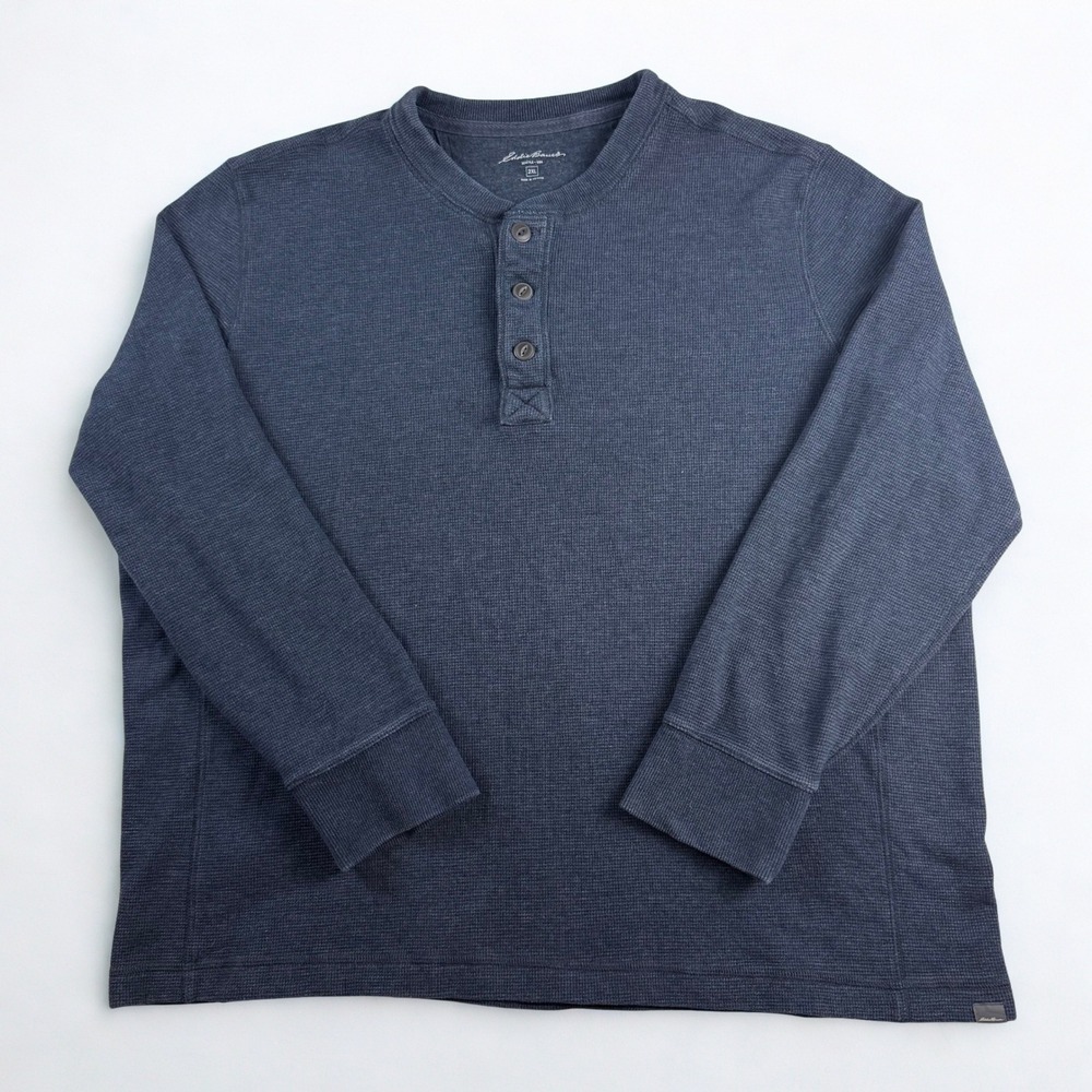 Eddie‎ Bauer Henley Mens 2XL Navy Blue Waffle Knit Long Sleeve Shirt Outdoorsy